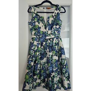 Women's Tory Burch Amalia Linen Blue and Green Floral Dress Lined Size 0‎ Summer